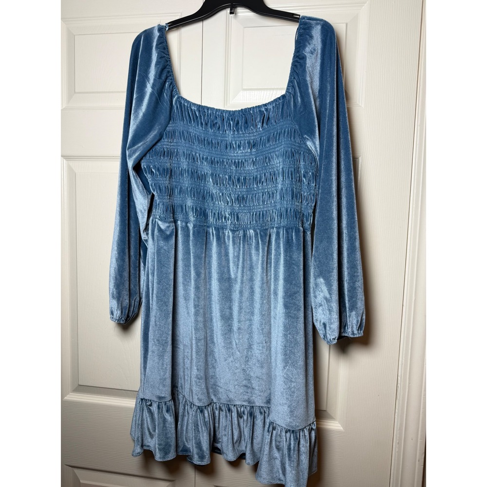 LC Lauren Conrad Blue Velvet Smocked Mini Dress XL Long Sleeve Ruffle Hem NEW